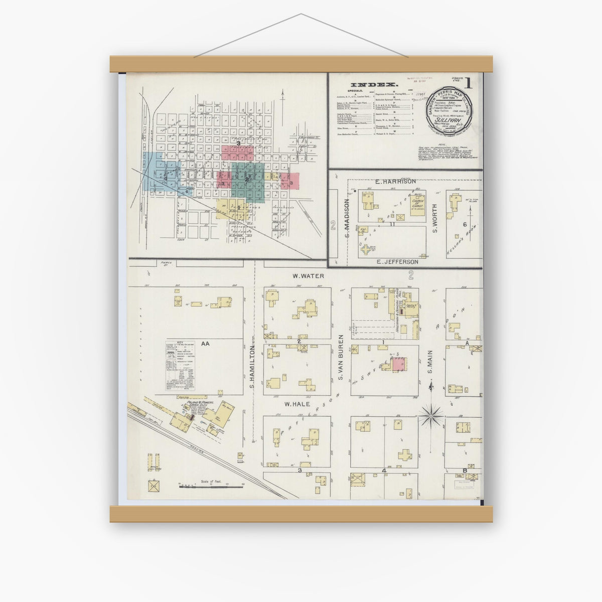 Old map wall art mockup — magnetic wood frame on white wall — Sanborn Fire Insurance Map from Sullivan, Moultrie County, Illinois (1893), Sheet #0001