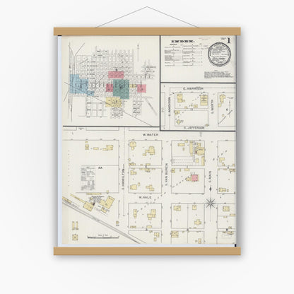 Old map wall art mockup — magnetic wood frame on white wall — Sanborn Fire Insurance Map from Sullivan, Moultrie County, Illinois (1893), Sheet #0001