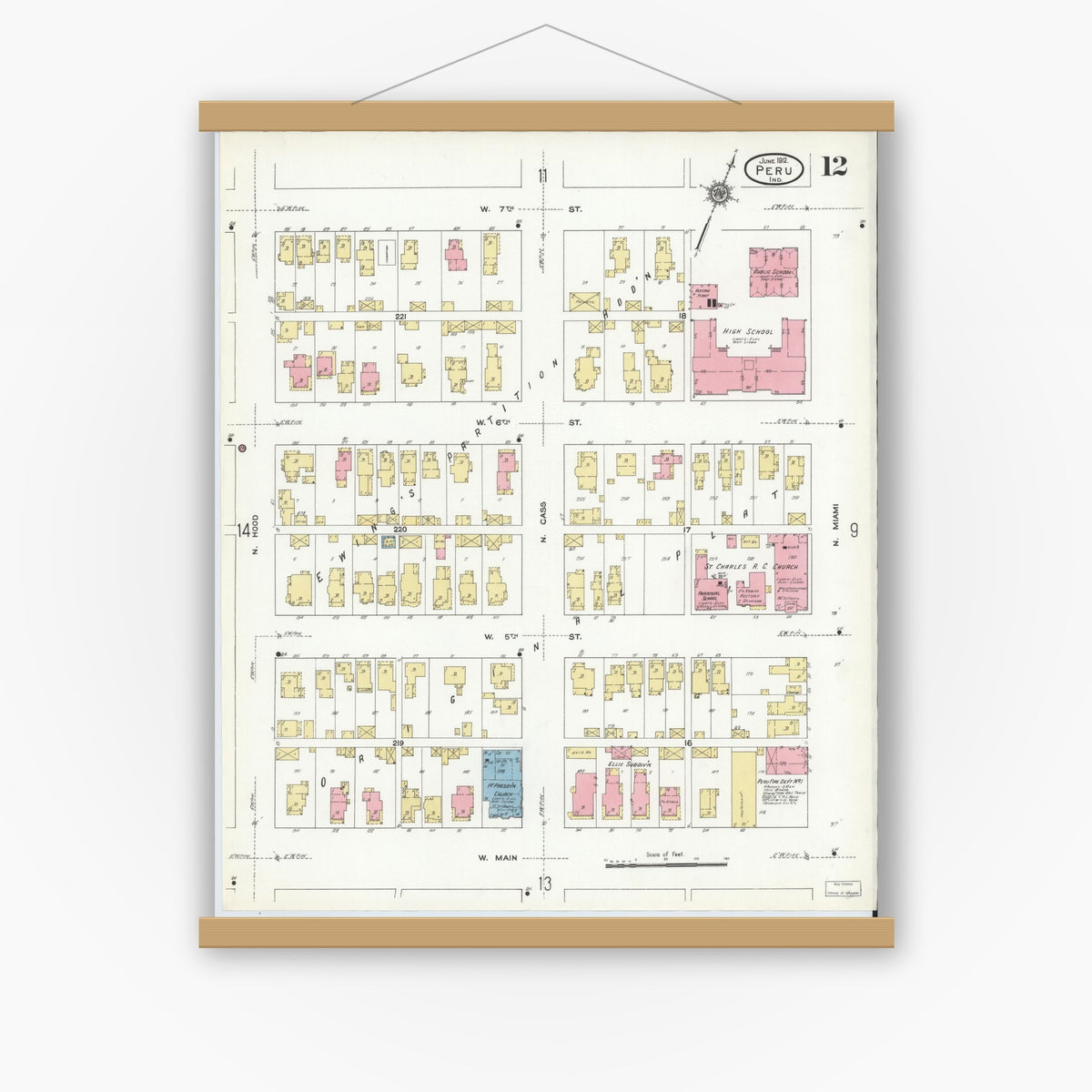 Old map wall art mockup — magnetic wood frame on white wall — Sanborn Fire Insurance Map from Peru, Miami County, Indiana (1912), Sheet #0012