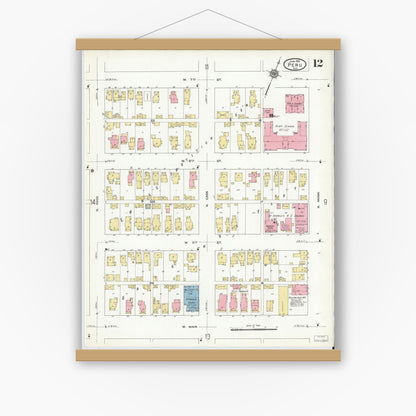 Old map wall art mockup — magnetic wood frame on white wall — Sanborn Fire Insurance Map from Peru, Miami County, Indiana (1912), Sheet #0012