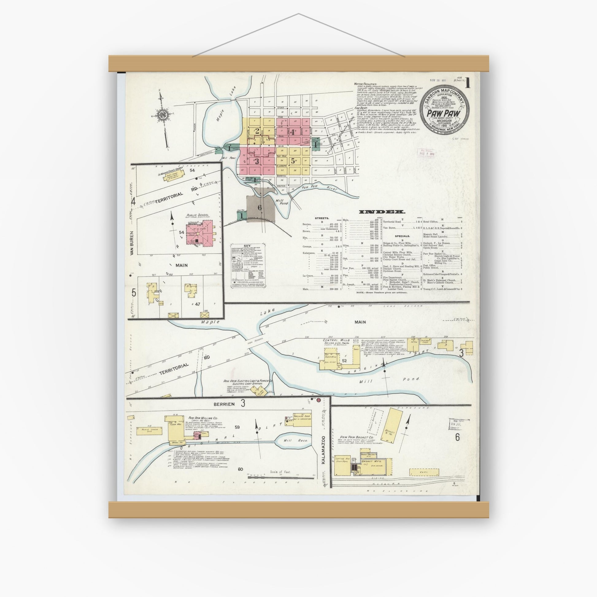 Old map wall art mockup — magnetic wood frame on white wall — Sanborn Fire Insurance Map from Paw Paw, Van Buren County, Michigan (1911) - Complete Map Set