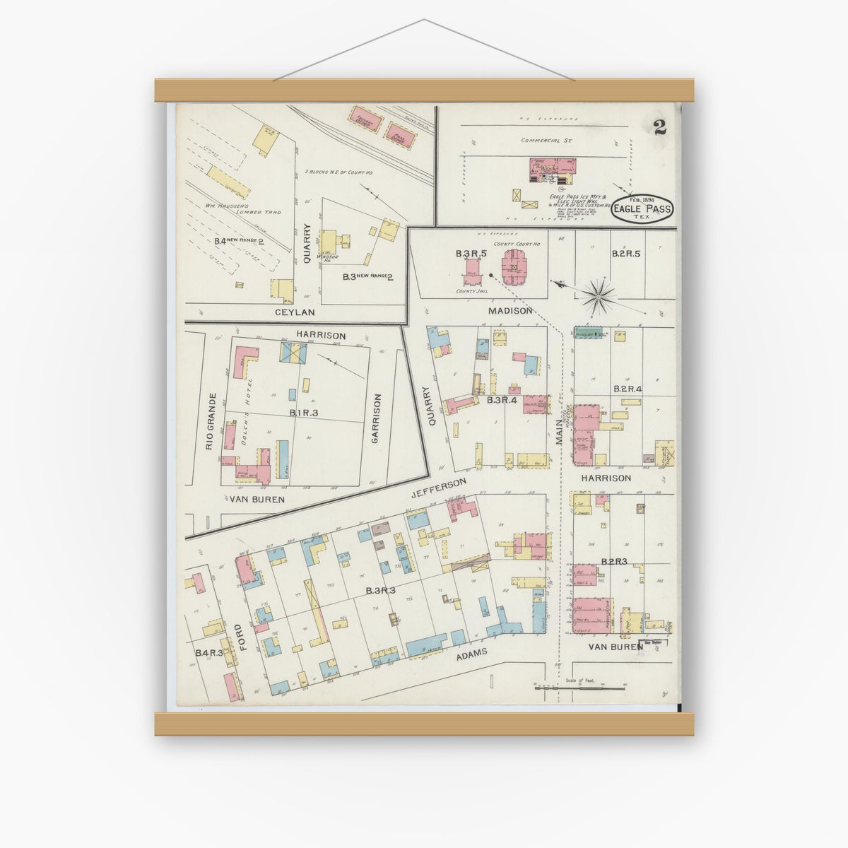 Old map wall art mockup — magnetic wood frame on white wall — Sanborn Fire Insurance Map from Eagle Pass, Maverick County, Texas (1894), Sheet #0002
