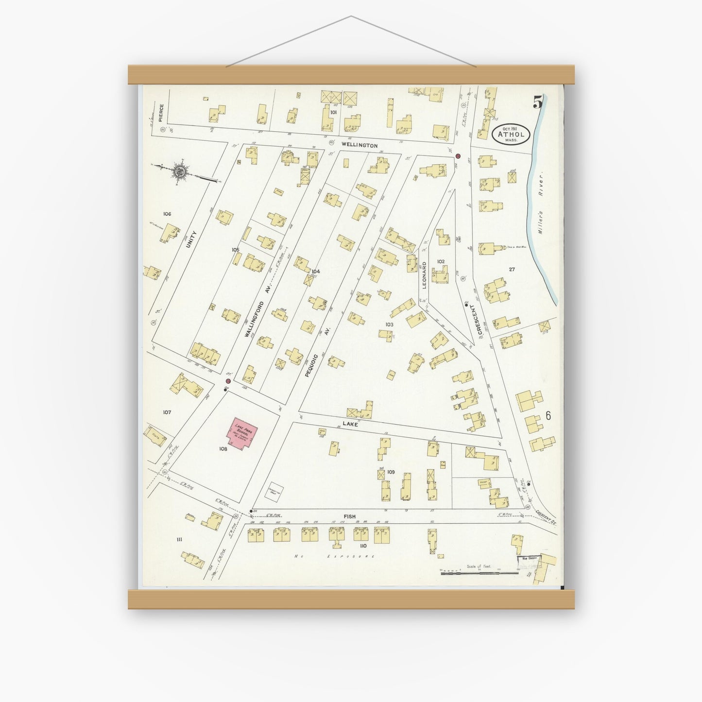 Old map wall art mockup — magnetic wood frame on white wall — Sanborn Fire Insurance Map from Athol, Worcester County, Massachusetts (1911), Sheet #0005