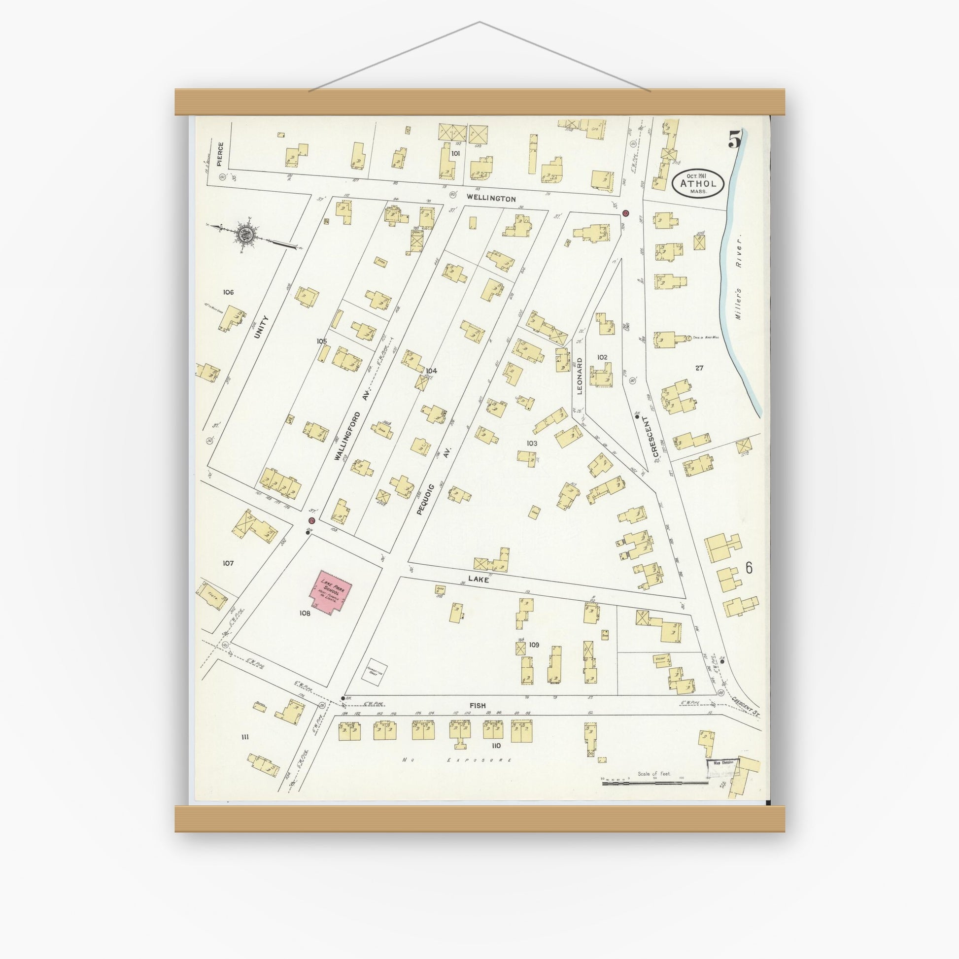 Old map wall art mockup — magnetic wood frame on white wall — Sanborn Fire Insurance Map from Athol, Worcester County, Massachusetts (1911), Sheet #0005
