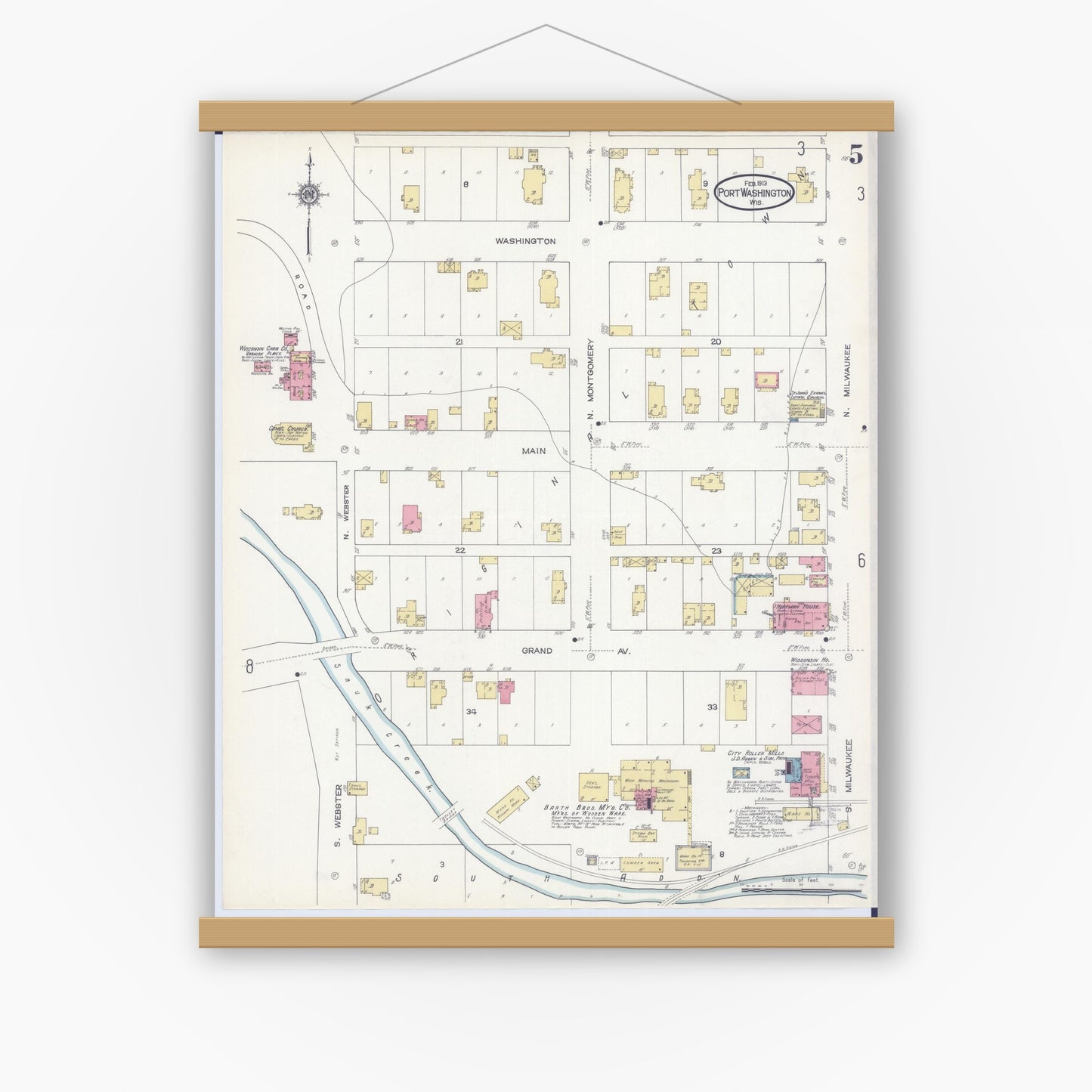 Old map wall art mockup — magnetic wood frame on white wall — Sanborn Fire Insurance Map from Port Washington, Ozaukee County, Wisconsin (1913), Sheet #0005
