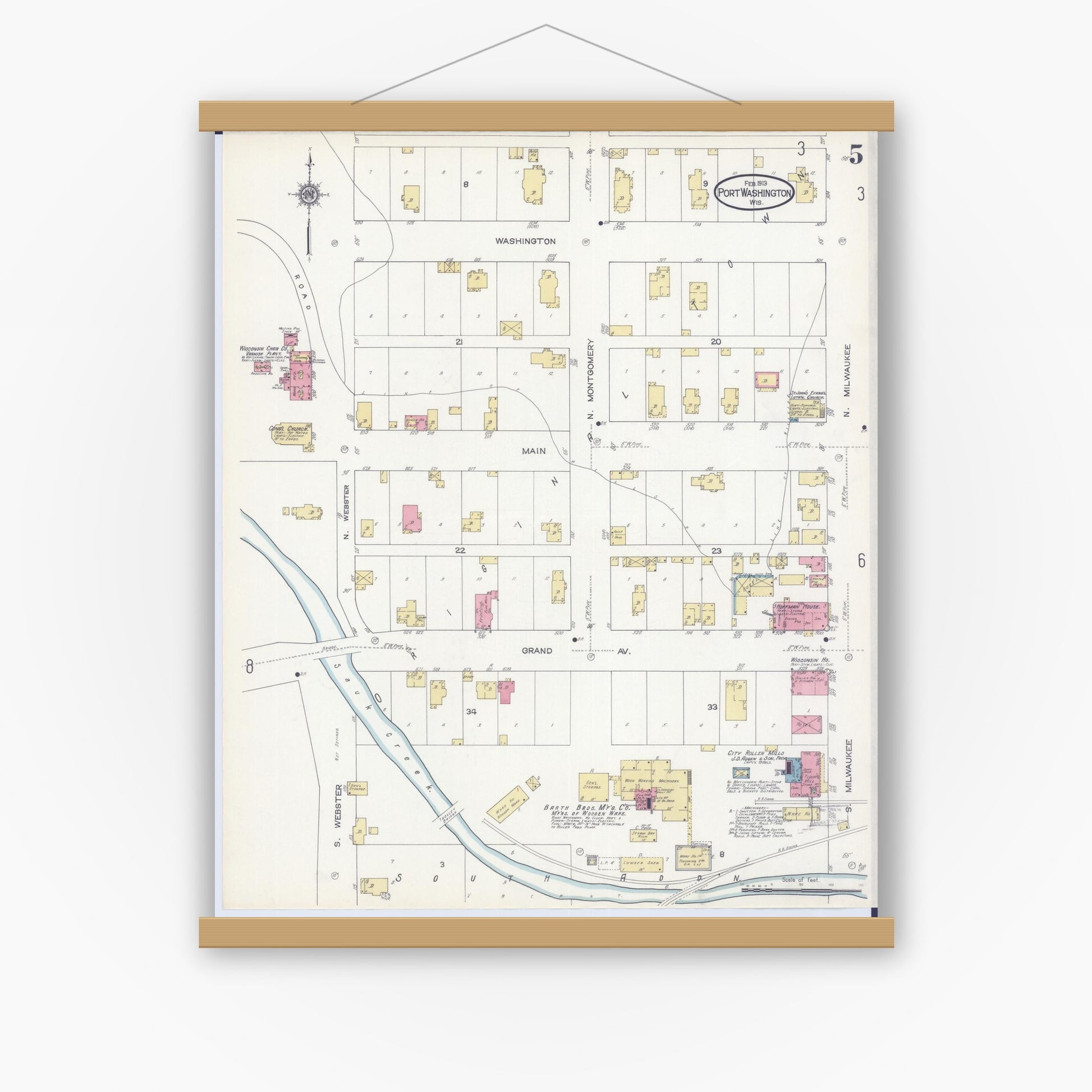 Old map wall art mockup — magnetic wood frame on white wall — Sanborn Fire Insurance Map from Port Washington, Ozaukee County, Wisconsin (1913), Sheet #0005