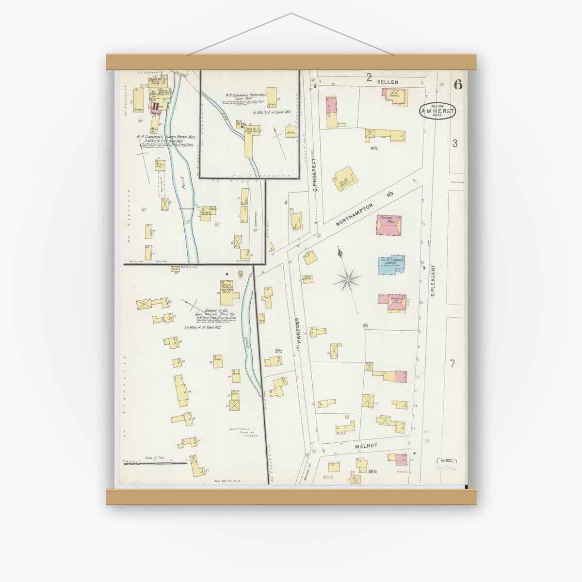 Old map wall art mockup — magnetic wood frame on white wall — Sanborn Fire Insurance Map from Amherst, Hampshire County, Massachusetts (1896), Sheet #0006