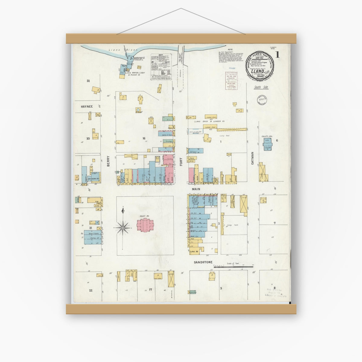 Old map wall art mockup — magnetic wood frame on white wall — Sanborn Fire Insurance Map from Llano, Llano County, Texas (1900), Sheet #0001