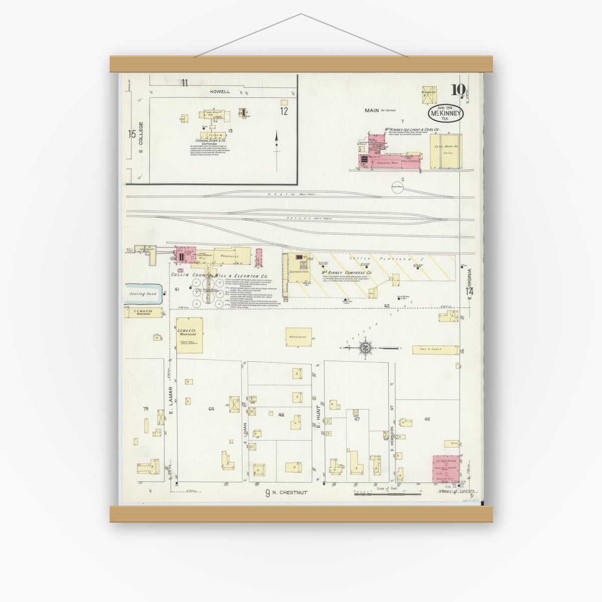 Old map wall art mockup — magnetic wood frame on white wall — Sanborn Fire Insurance Map from McKinney, Collin County, Texas (1914), Sheet #0010