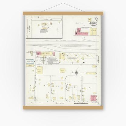 Old map wall art mockup — magnetic wood frame on white wall — Sanborn Fire Insurance Map from McKinney, Collin County, Texas (1914), Sheet #0010