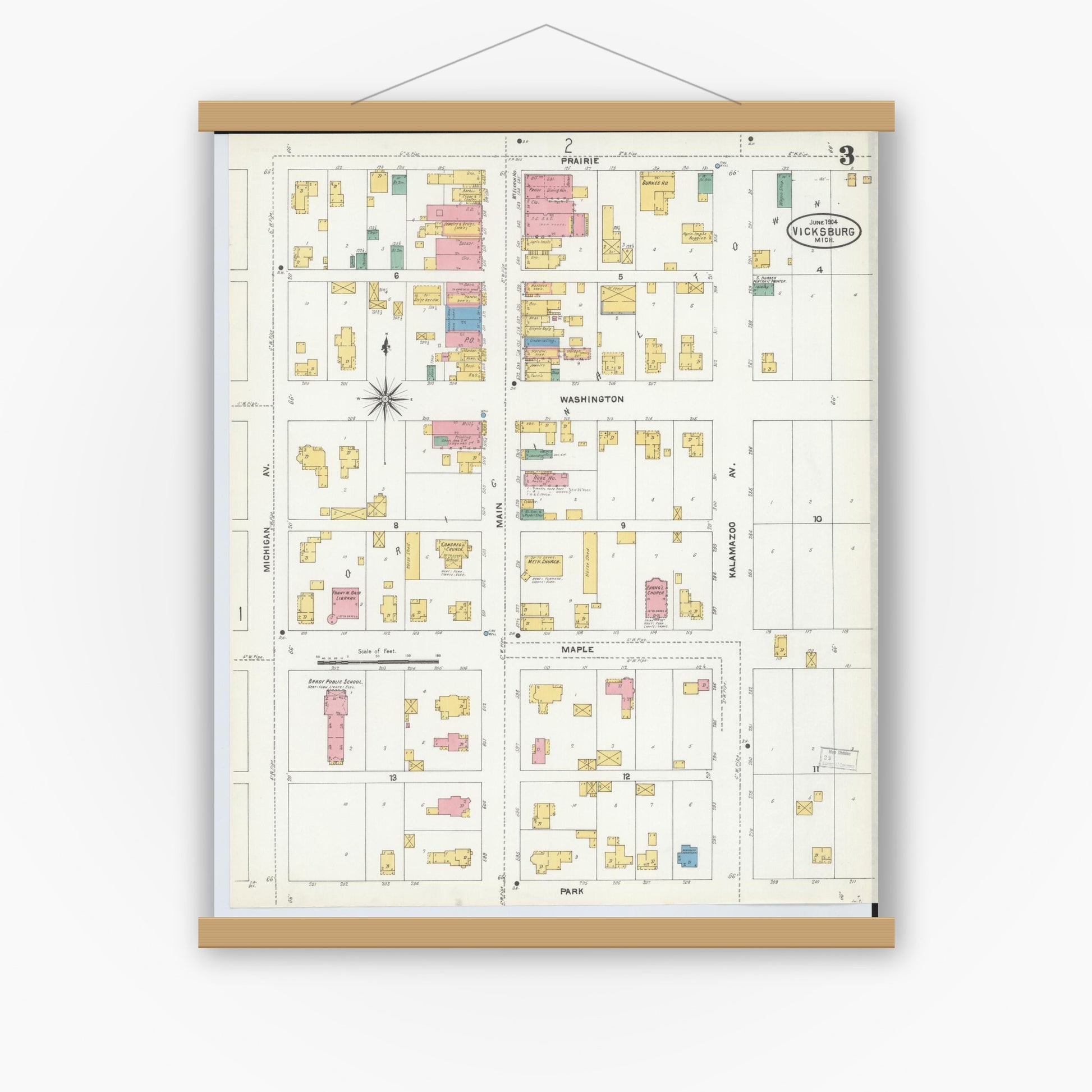 Old map wall art mockup — magnetic wood frame on white wall — Sanborn Fire Insurance Map from Vicksburg, Kalamazoo County, Michigan (1904), Sheet #0003