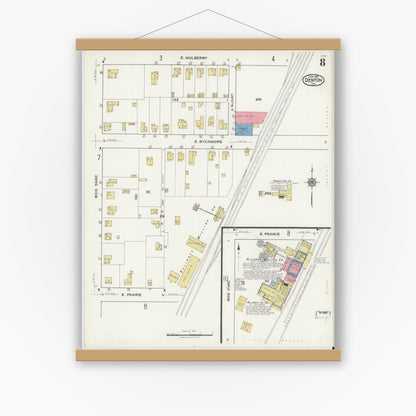 Old map wall art mockup — magnetic wood frame on white wall — Sanborn Fire Insurance Map from Denton, Denton County, Texas (1921), Sheet #0008
