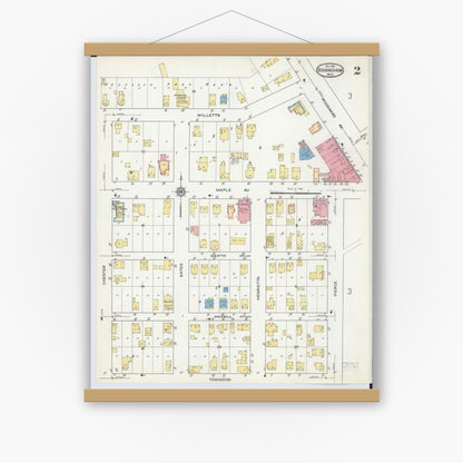 Old map wall art mockup — magnetic wood frame on white wall — Sanborn Fire Insurance Map from Birmingham, Oakland County, Michigan (1915), Sheet #0002