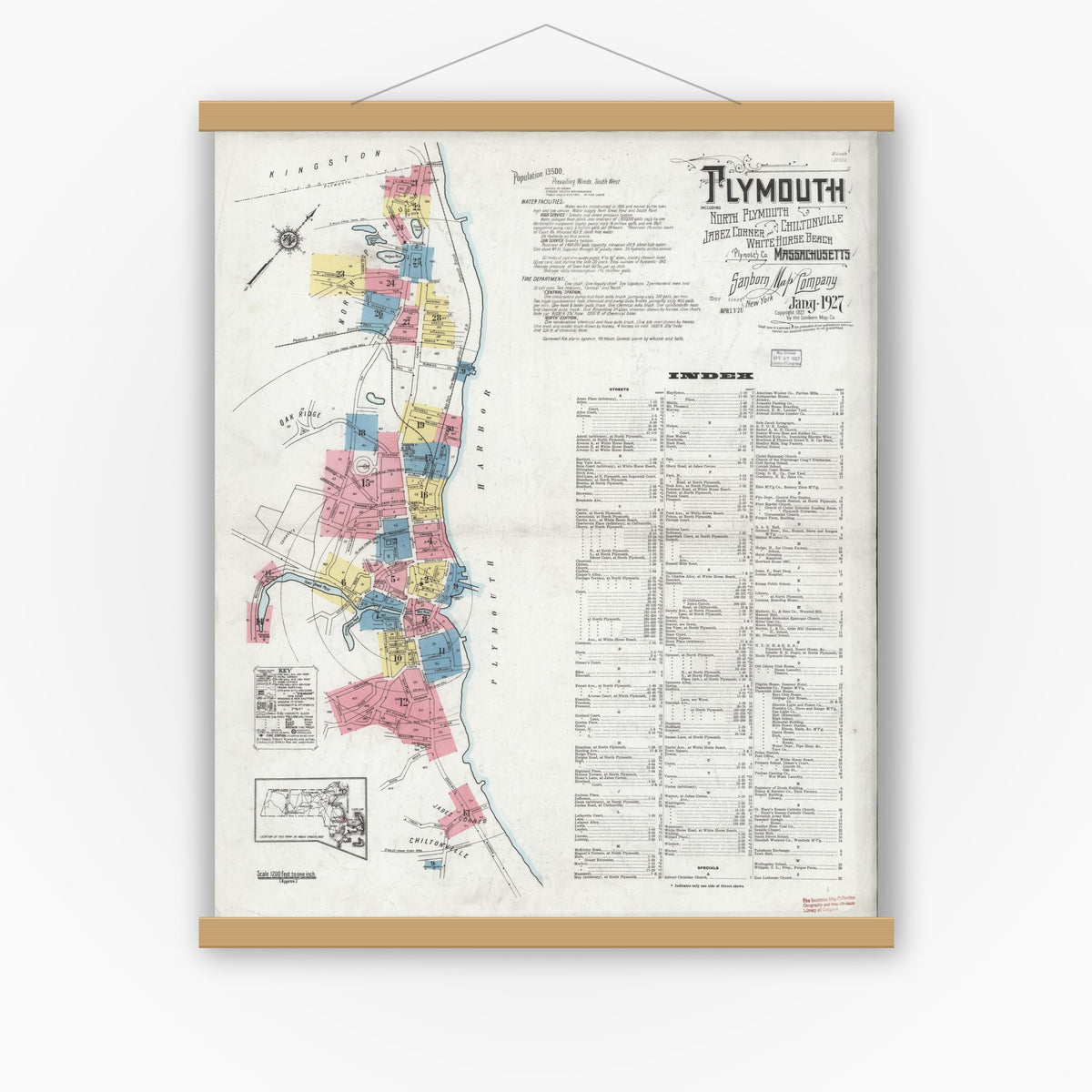 Old map wall art mockup — magnetic wood frame on white wall — Sanborn Fire Insurance Map from Plymouth, Plymouth County, Massachusetts (1927) - Complete Map Set