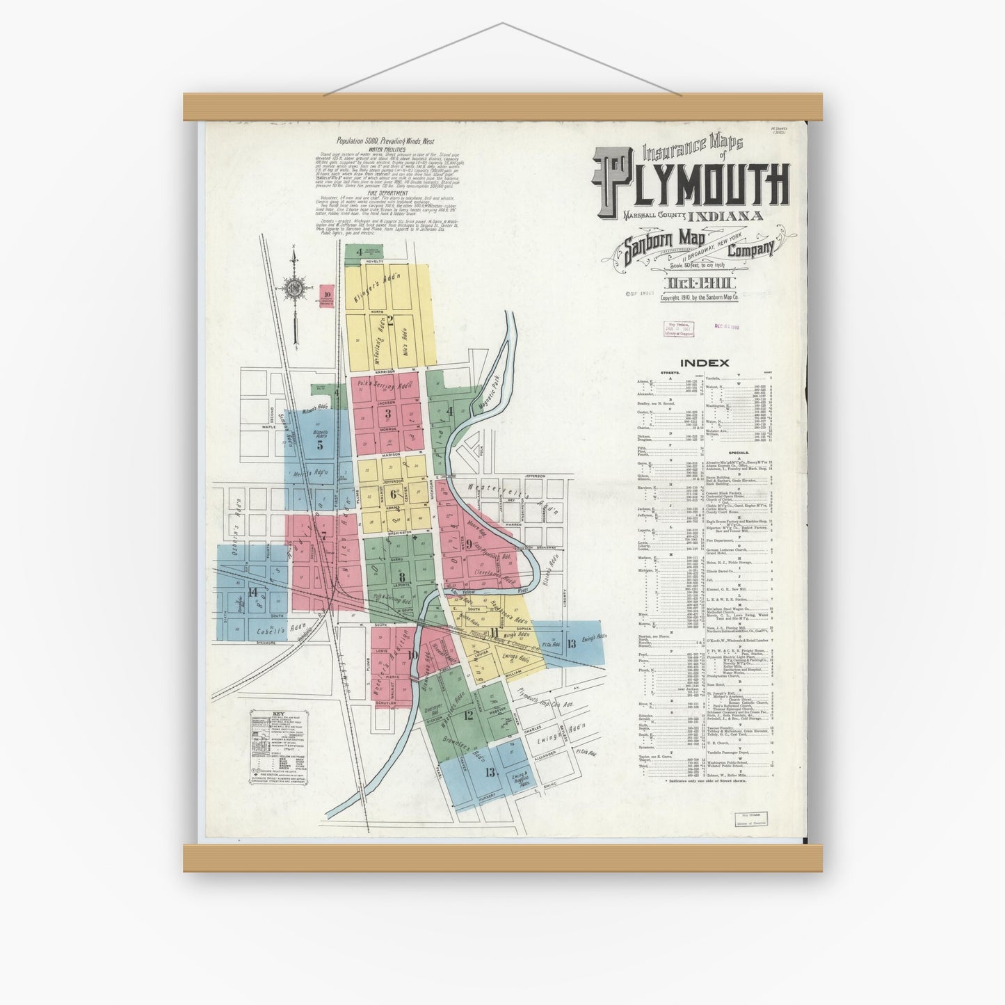 Old map wall art mockup — magnetic wood frame on white wall — Sanborn Fire Insurance Map from Plymouth, Marhshall County, Indiana (1910), Sheet #0001