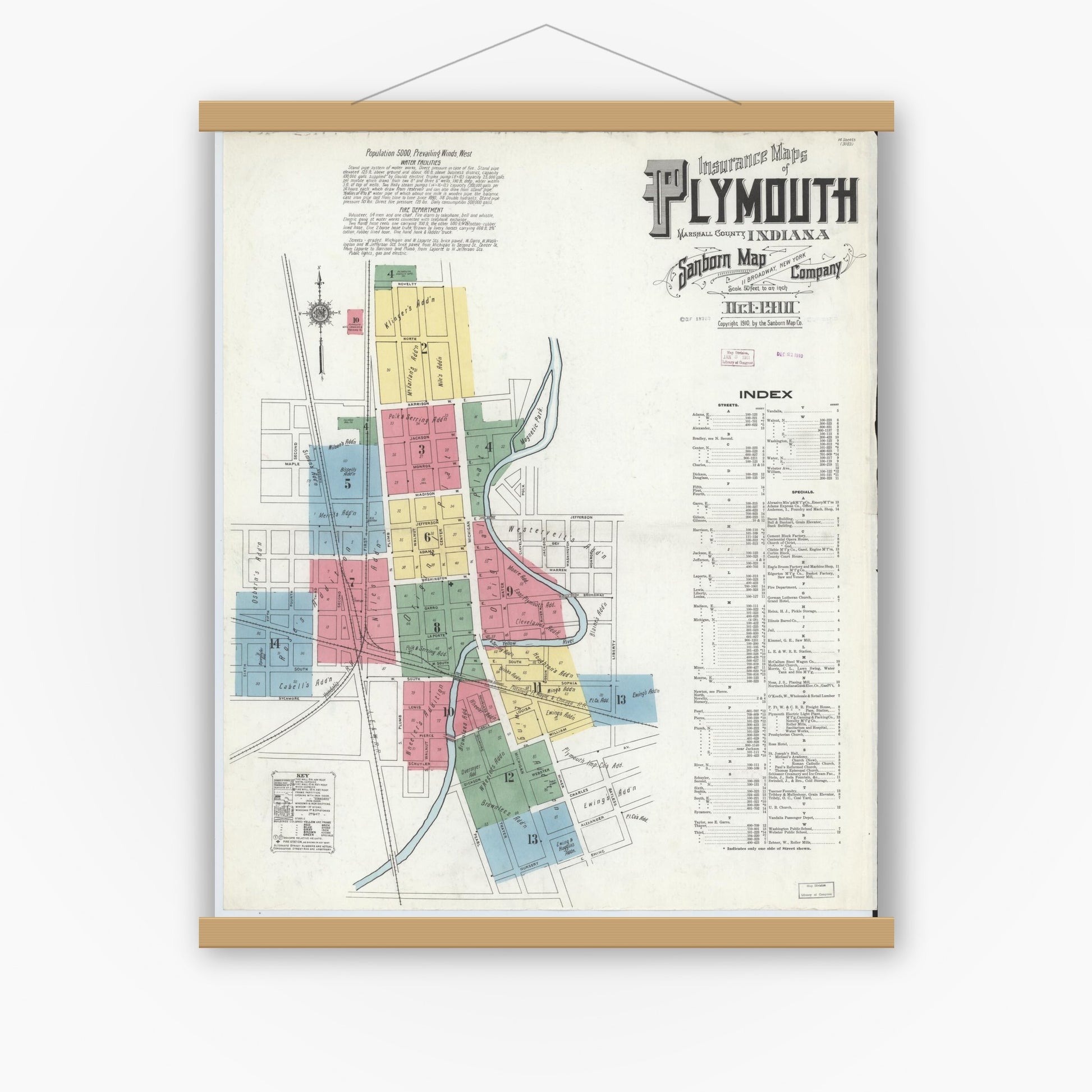 Old map wall art mockup — magnetic wood frame on white wall — Sanborn Fire Insurance Map from Plymouth, Marhshall County, Indiana (1910), Sheet #0001