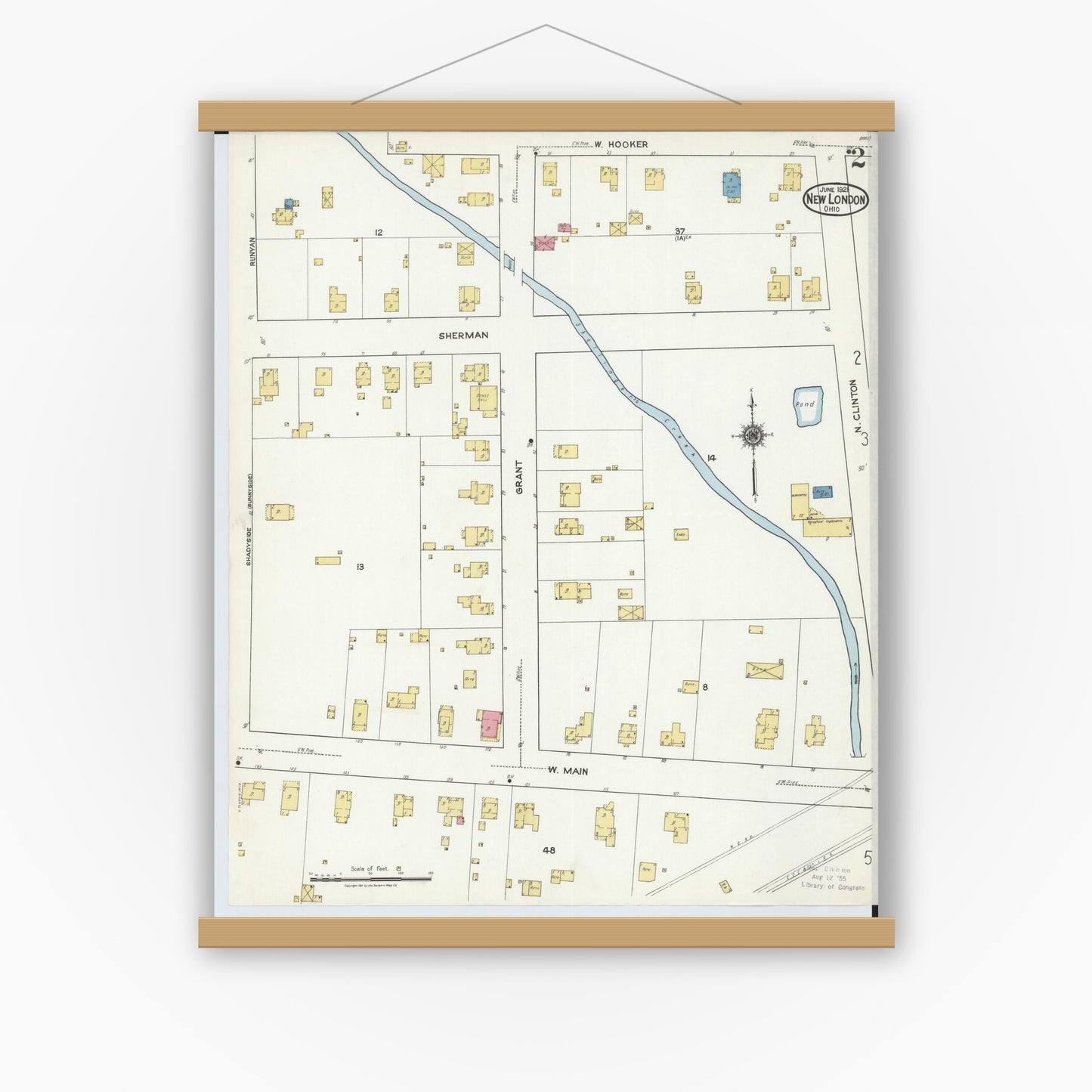 Old map wall art mockup — magnetic wood frame on white wall — Sanborn Fire Insurance Map from New London, Huron County, Ohio (1921), Sheet #0002