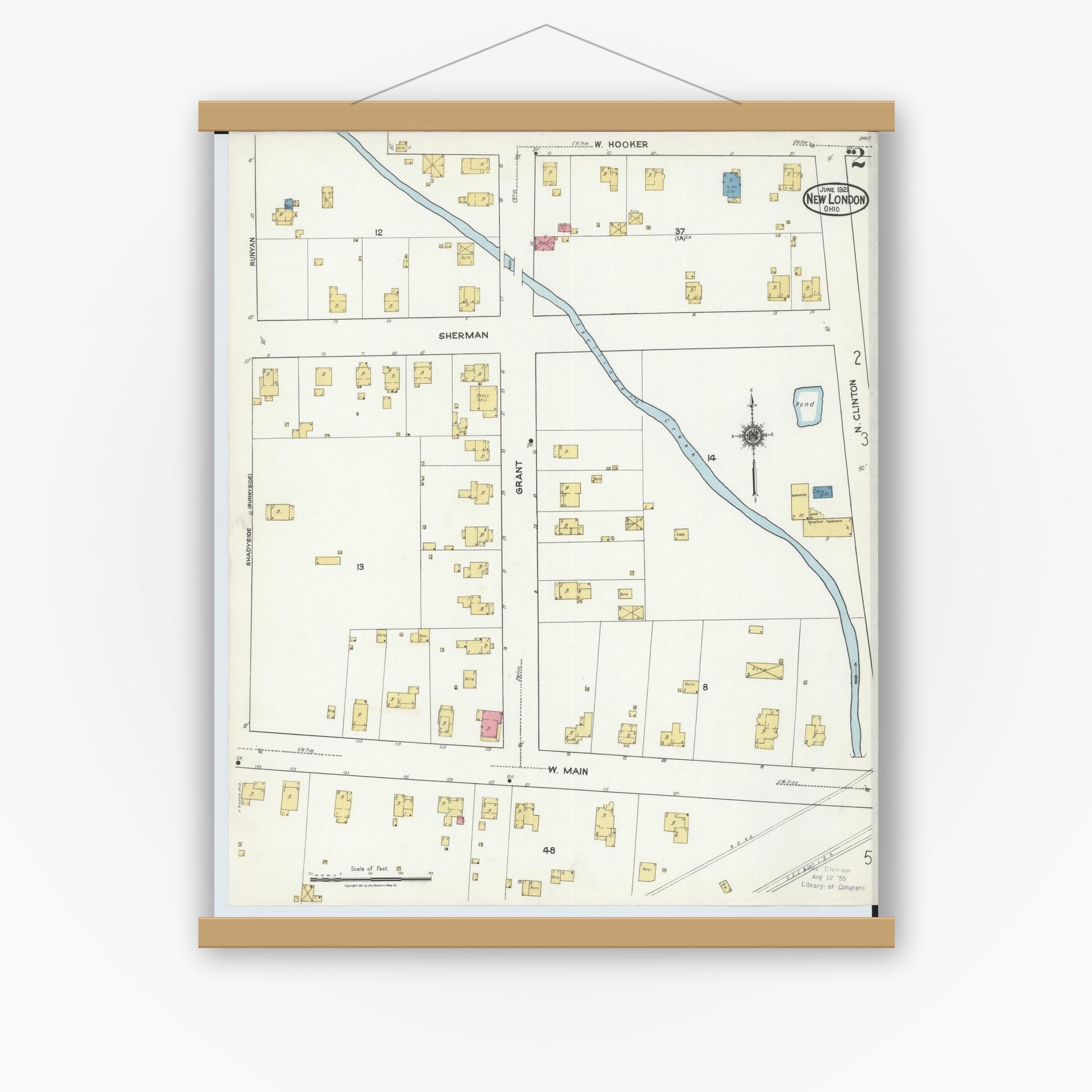 Old map wall art mockup — magnetic wood frame on white wall — Sanborn Fire Insurance Map from New London, Huron County, Ohio (1921), Sheet #0002