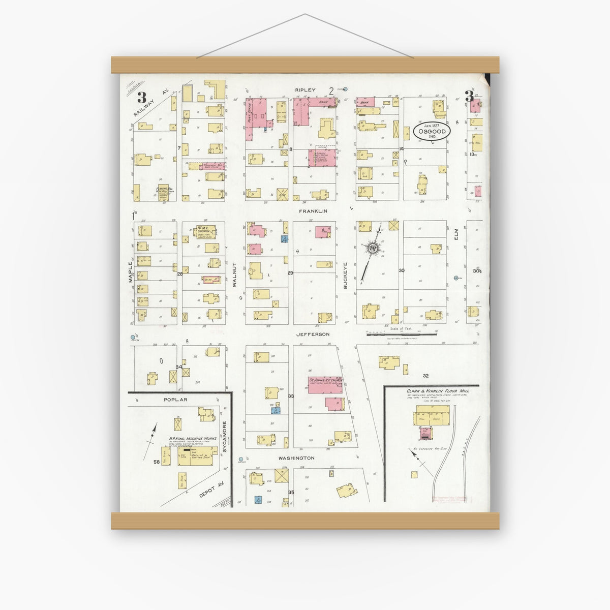 Old map wall art mockup — magnetic wood frame on white wall — Sanborn Fire Insurance Map from Osgood, Ripley County, Indiana (1927), Sheet #0003