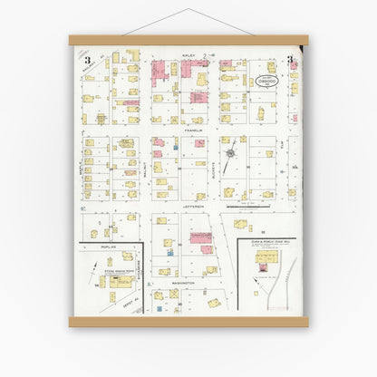 Old map wall art mockup — magnetic wood frame on white wall — Sanborn Fire Insurance Map from Osgood, Ripley County, Indiana (1927), Sheet #0003