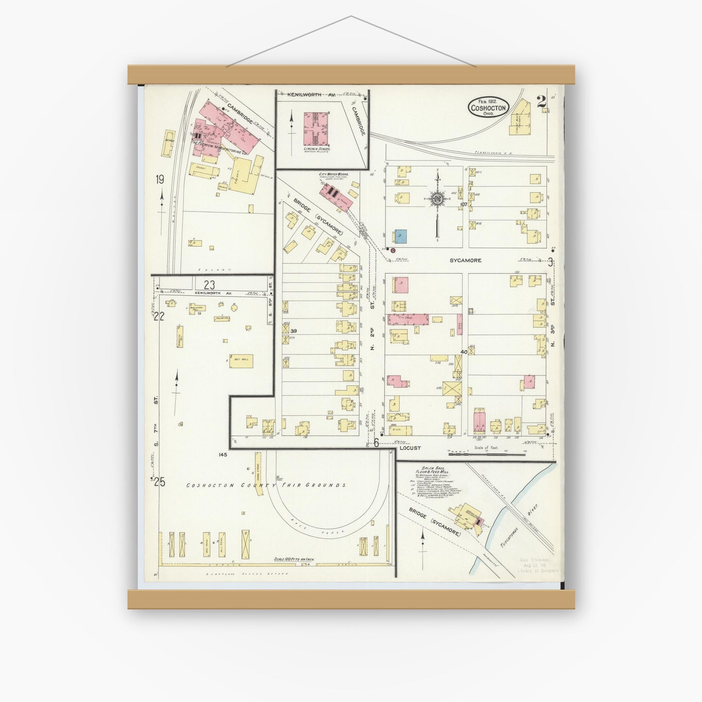 Old map wall art mockup — magnetic wood frame on white wall — Sanborn Fire Insurance Map from Coshocton, Coshocton County, Ohio (1912), Sheet #0002