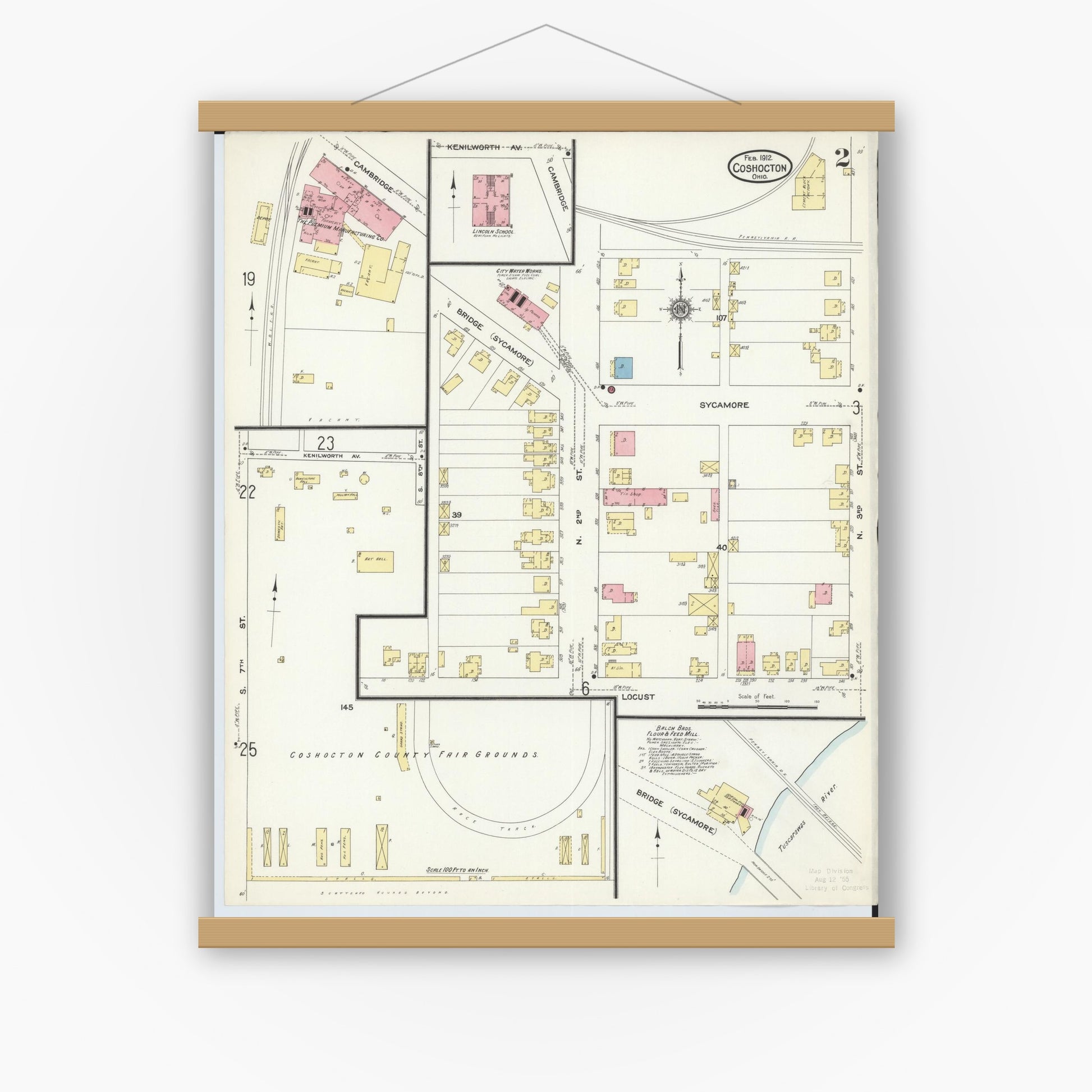 Old map wall art mockup — magnetic wood frame on white wall — Sanborn Fire Insurance Map from Coshocton, Coshocton County, Ohio (1912), Sheet #0002