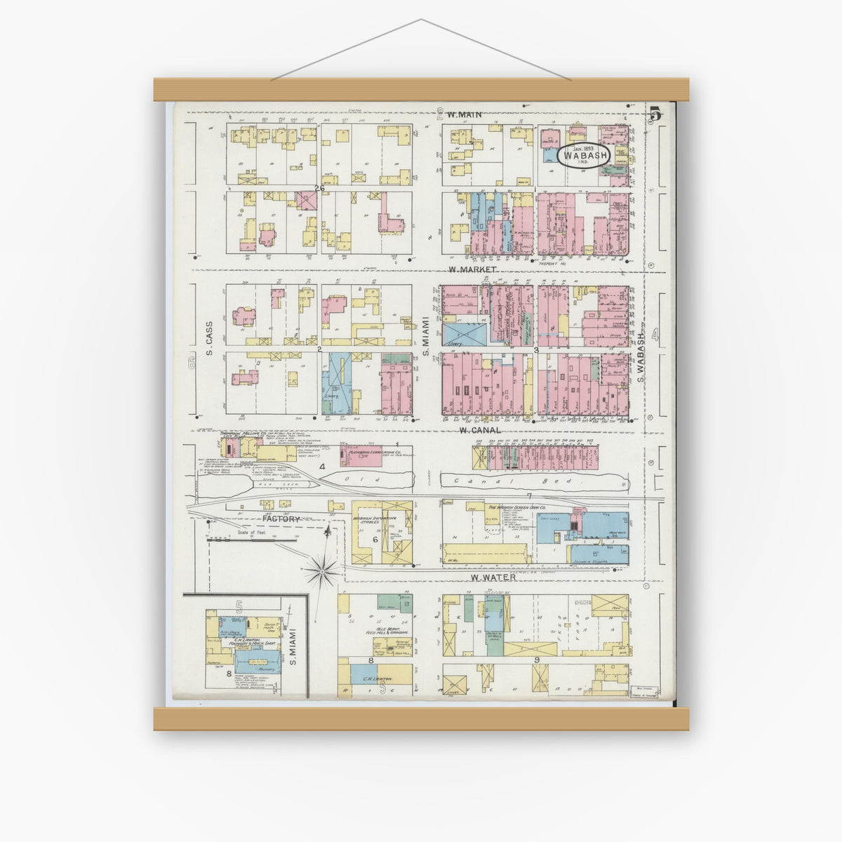 Old map wall art mockup — magnetic wood frame on white wall — Sanborn Fire Insurance Map from Wabash, Wabash County, Indiana (1893), Sheet #0005