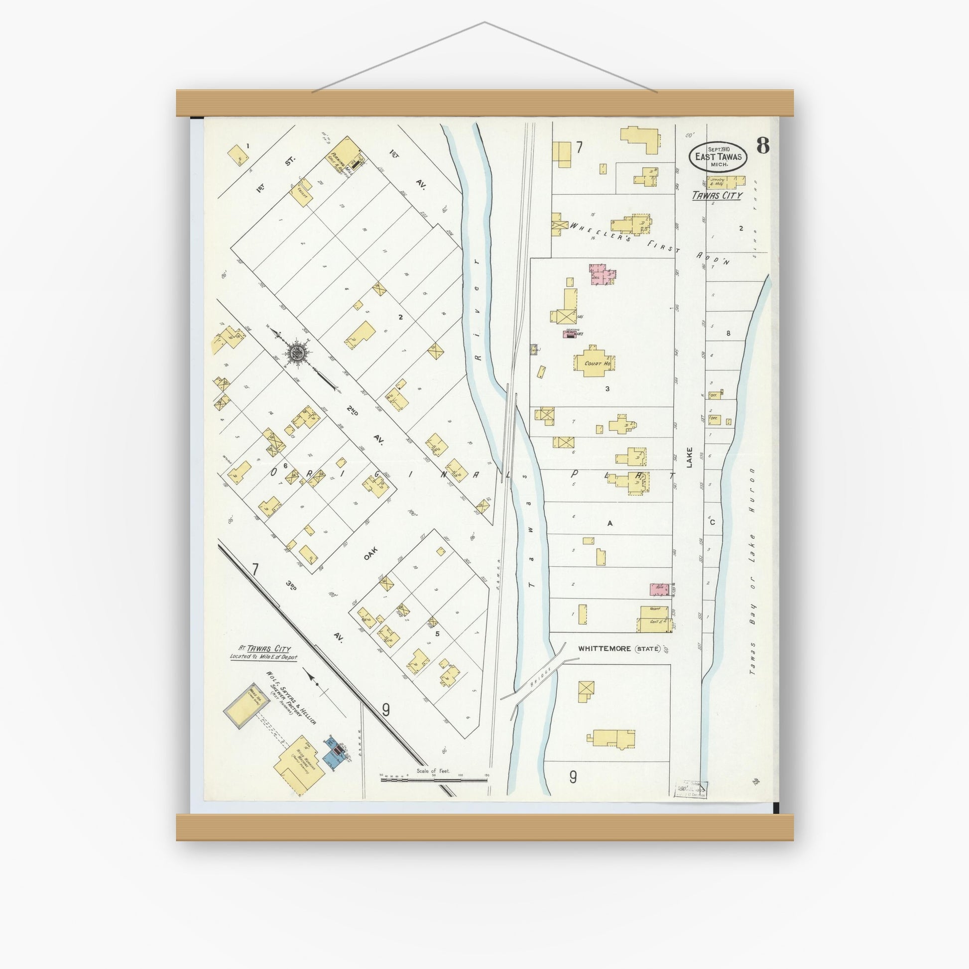 Old map wall art mockup — magnetic wood frame on white wall — Sanborn Fire Insurance Map from East Tawas, Iosco County, Michigan (1910), Sheet #0008