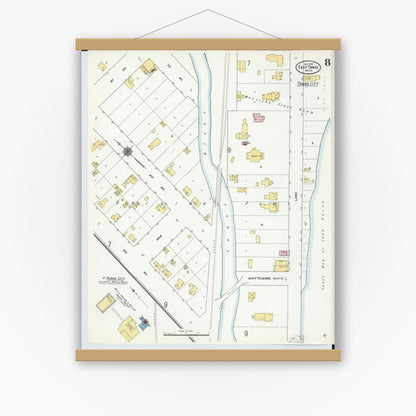 Old map wall art mockup — magnetic wood frame on white wall — Sanborn Fire Insurance Map from East Tawas, Iosco County, Michigan (1910), Sheet #0008