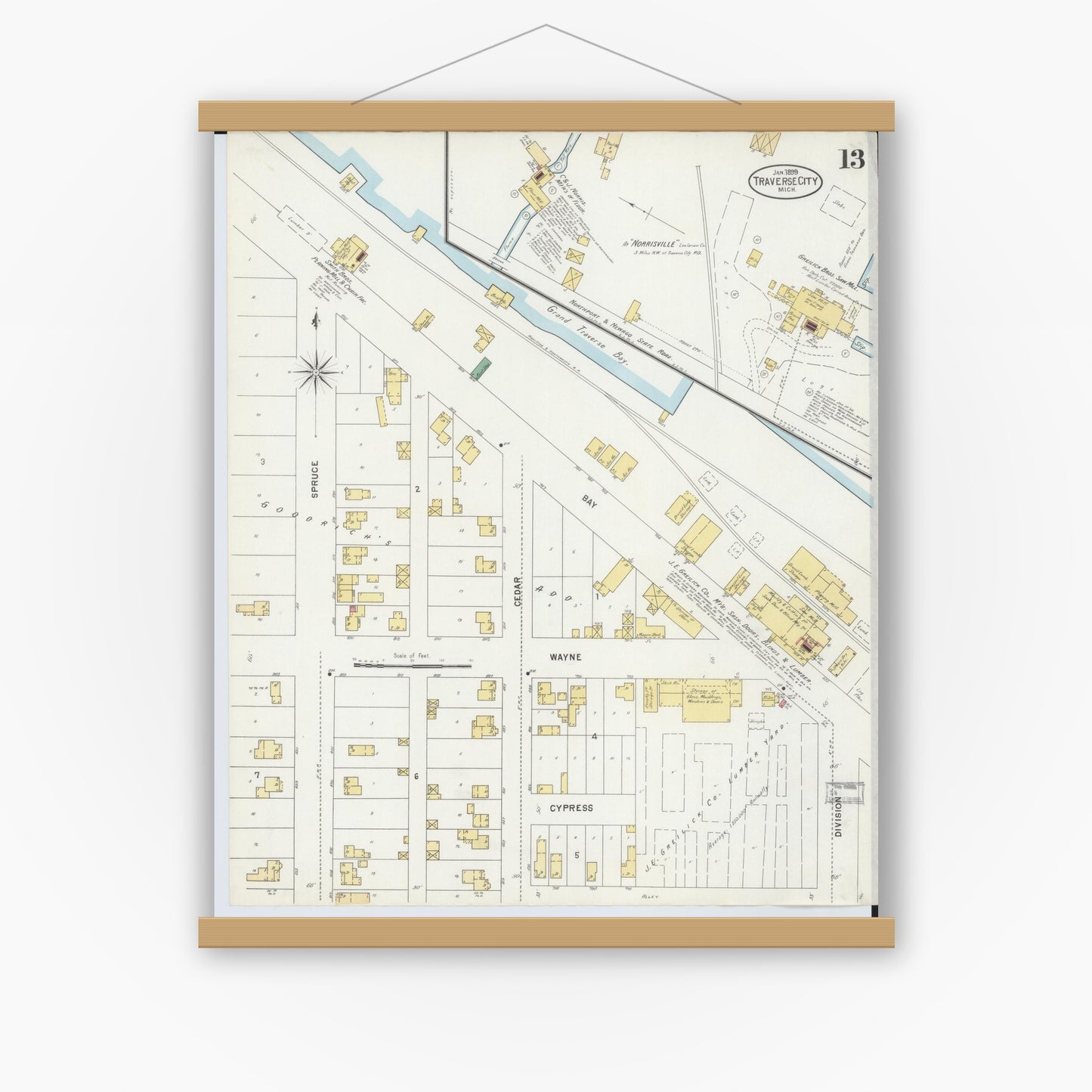 Old map wall art mockup — magnetic wood frame on white wall — Sanborn Fire Insurance Map from Traverse City, Grand Traverse County, Michigan (1899), Sheet #0013