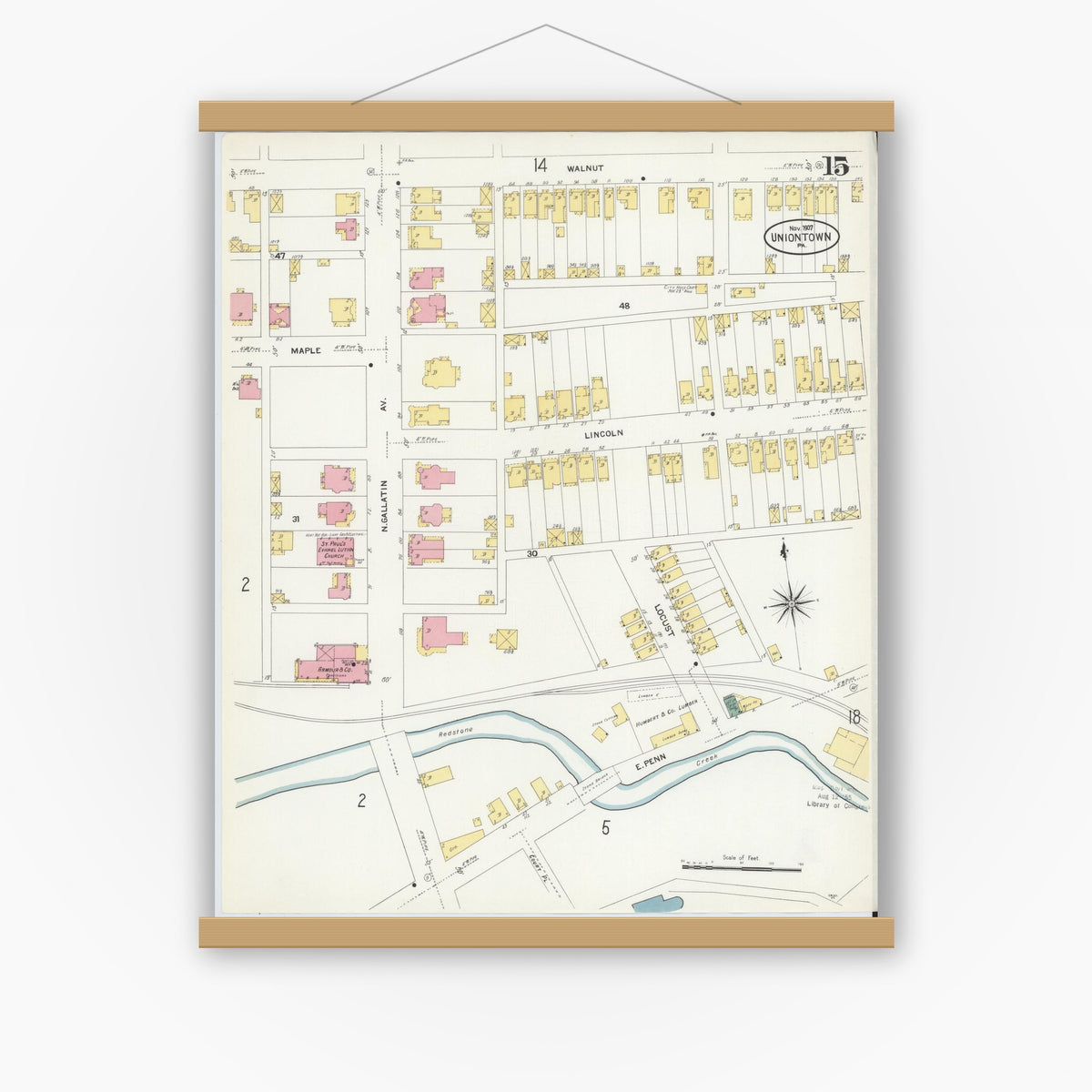 Old map wall art mockup — magnetic wood frame on white wall — Sanborn Fire Insurance Map from Uniontown, Fayette County, Pennsylvania (1907), Sheet #0015