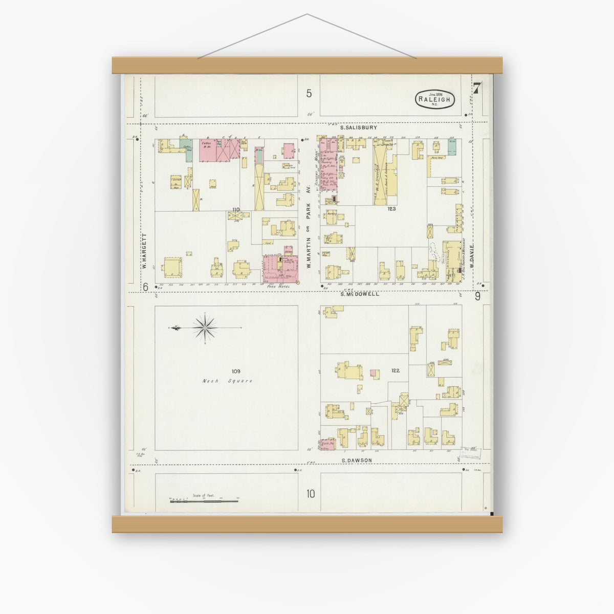Old map wall art mockup — magnetic wood frame on white wall — Sanborn Fire Insurance Map from Raleigh, Wake County, North Carolina (1896), Sheet #0007