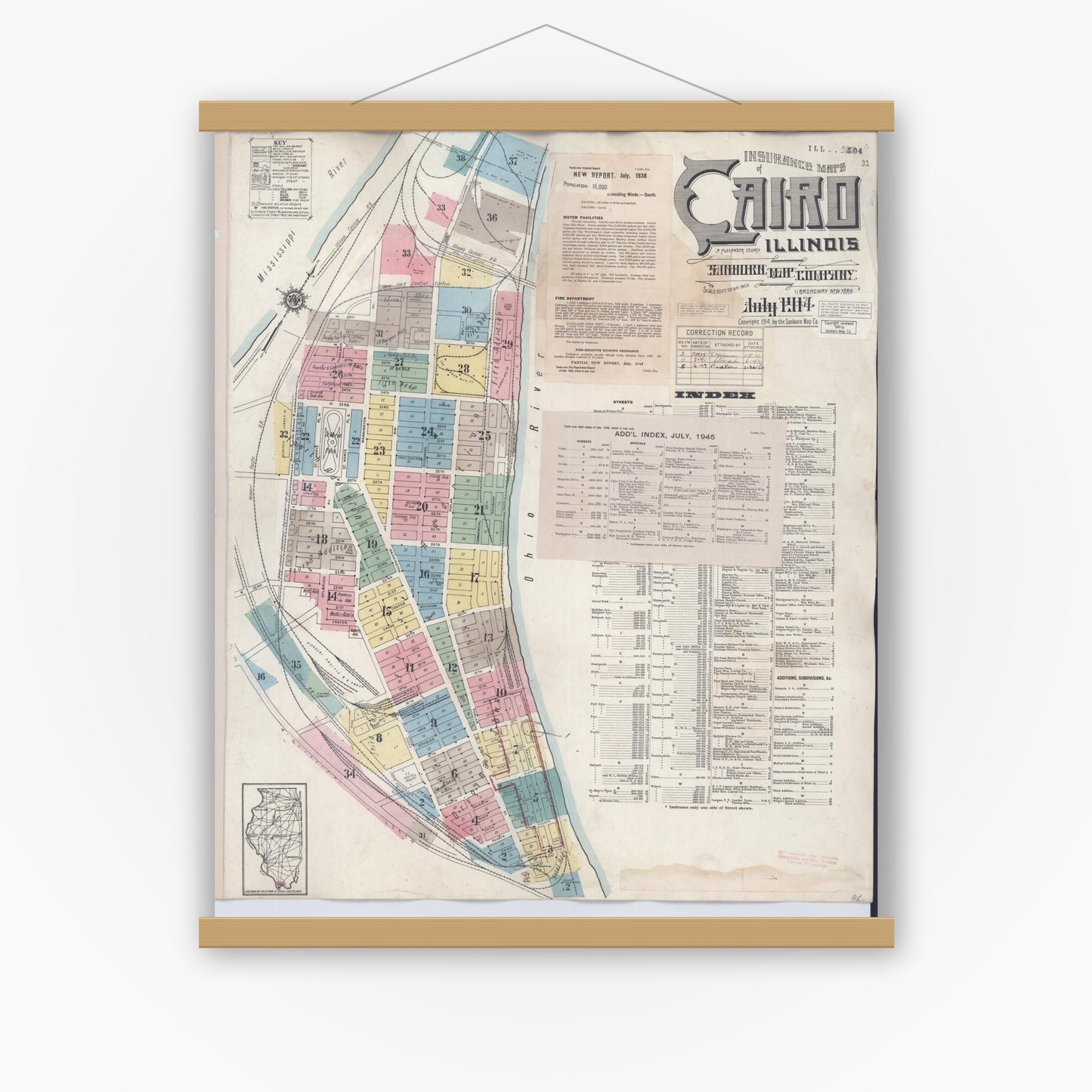 Old map wall art mockup — magnetic wood frame on white wall — Sanborn Fire Insurance Map from Cairo, Alexander County, Illinois (1949), Sheet #0001