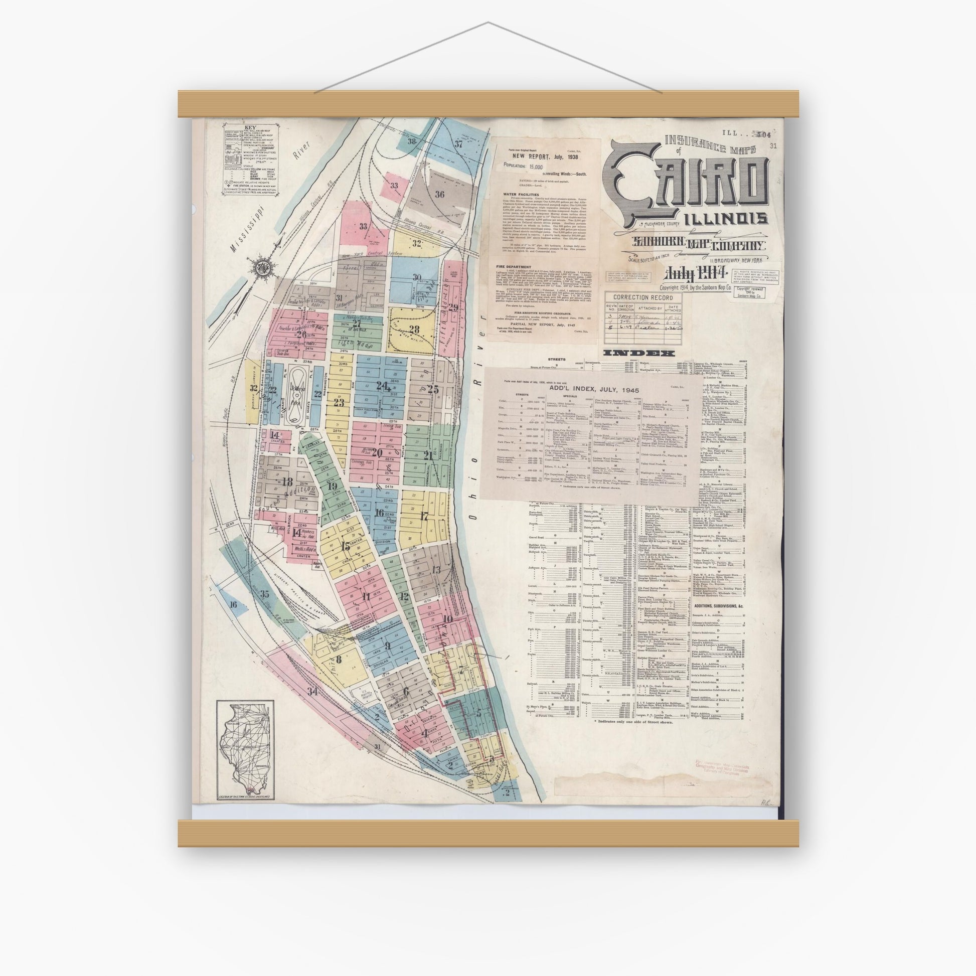 Old map wall art mockup — magnetic wood frame on white wall — Sanborn Fire Insurance Map from Cairo, Alexander County, Illinois (1949), Sheet #0001