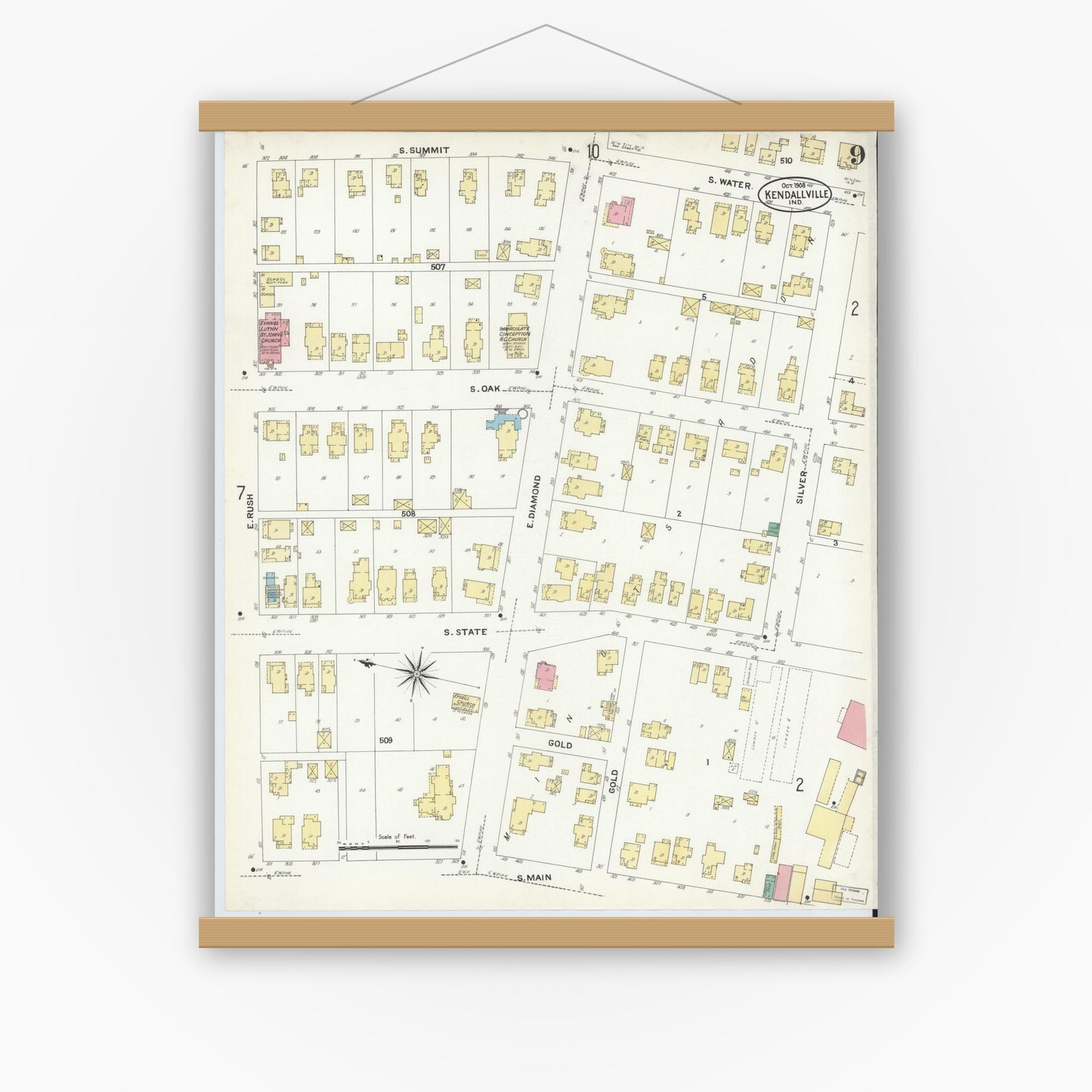 Old map wall art mockup — magnetic wood frame on white wall — Sanborn Fire Insurance Map from Kendallville, Noble County, Indiana (1908), Sheet #0009
