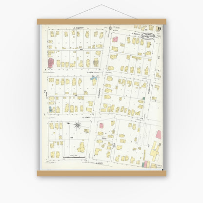 Old map wall art mockup — magnetic wood frame on white wall — Sanborn Fire Insurance Map from Kendallville, Noble County, Indiana (1908), Sheet #0009