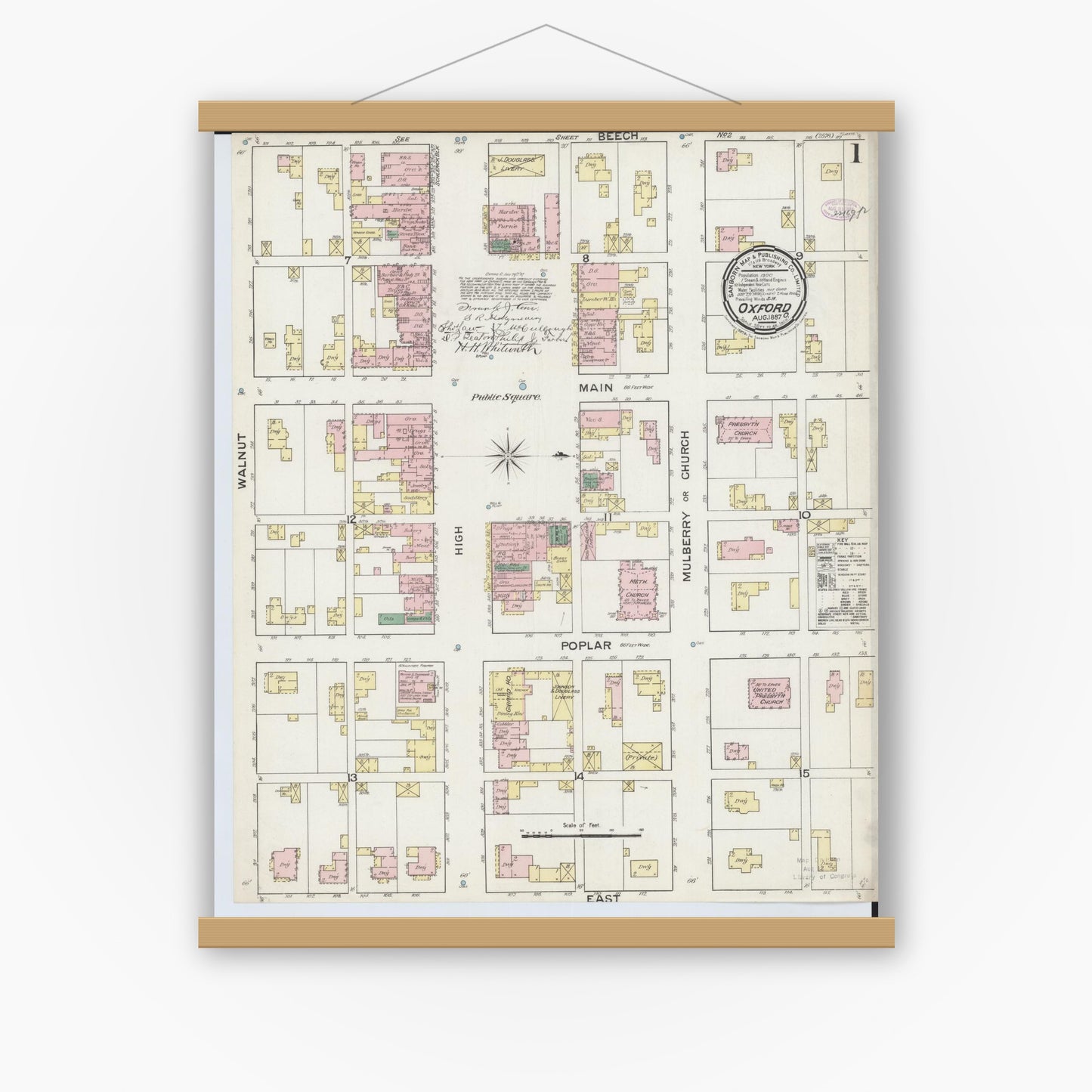 Old map wall art mockup — magnetic wood frame on white wall — Sanborn Fire Insurance Map from Oxford, Butler County, Ohio (1887), Sheet #0001