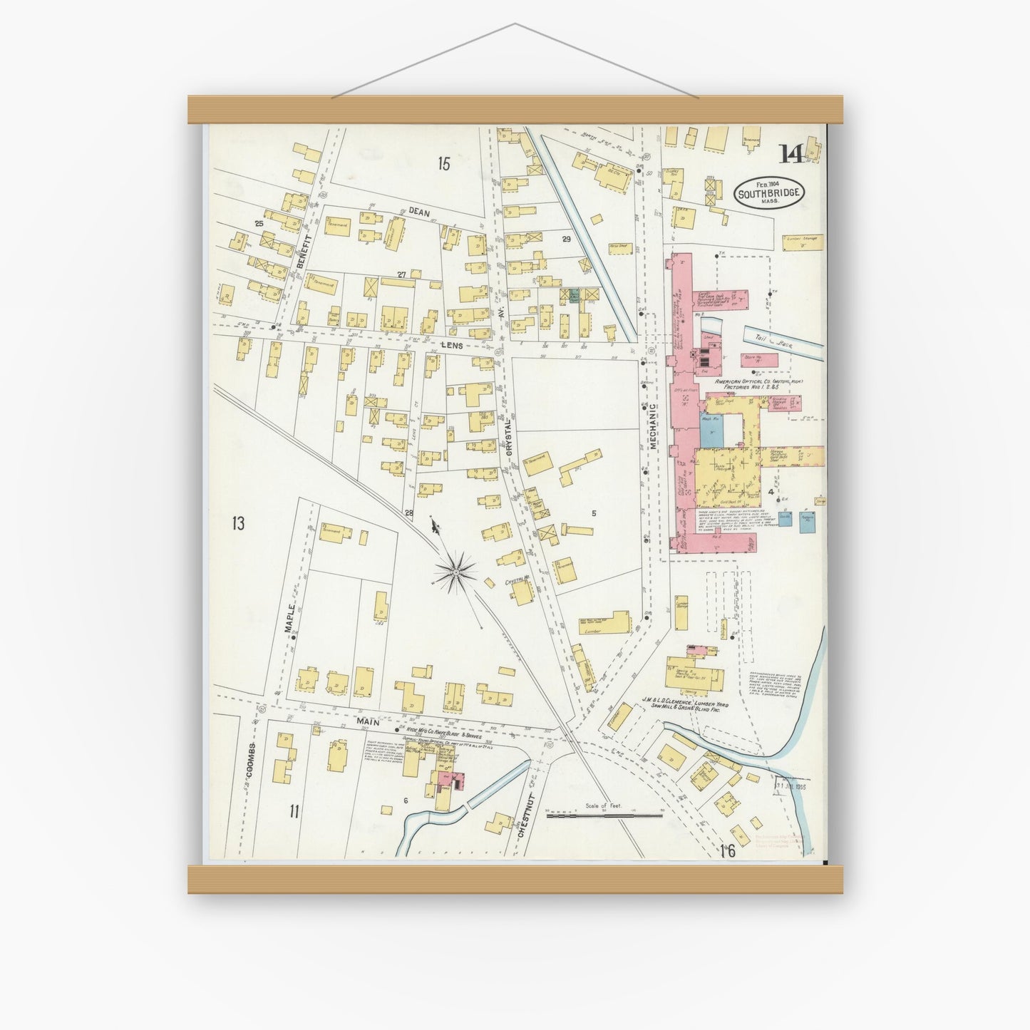 Old map wall art mockup — magnetic wood frame on white wall — Sanborn Fire Insurance Map from Southbridge, Worcester County, Massachusetts (1904), Sheet #0014