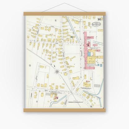 Old map wall art mockup — magnetic wood frame on white wall — Sanborn Fire Insurance Map from Southbridge, Worcester County, Massachusetts (1904), Sheet #0014