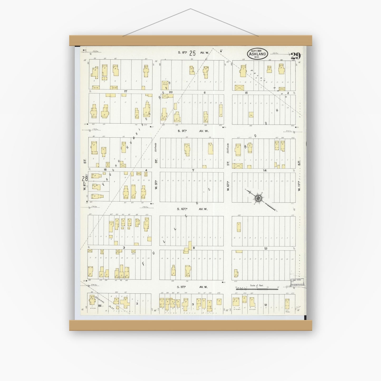 Old map wall art mockup — magnetic wood frame on white wall — Sanborn Fire Insurance Map from Ashland, Ashland County, Wisconsin (1909), Sheet #0029