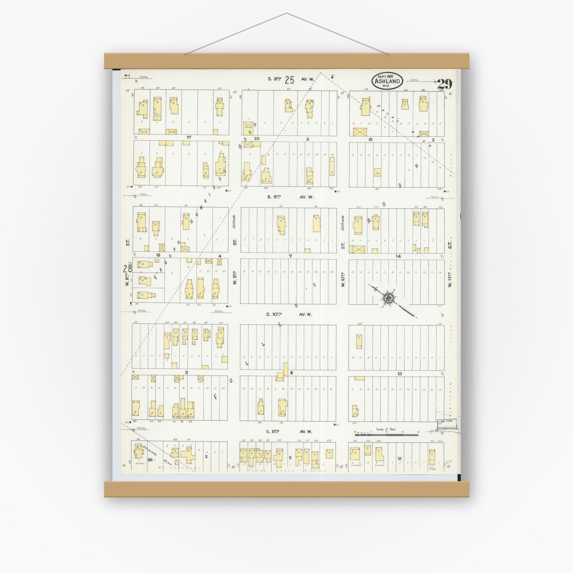 Old map wall art mockup — magnetic wood frame on white wall — Sanborn Fire Insurance Map from Ashland, Ashland County, Wisconsin (1909), Sheet #0029