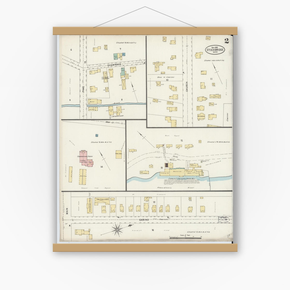 Old map wall art mockup — magnetic wood frame on white wall — Sanborn Fire Insurance Map from Stockbridge, Berkshire County, Massachusetts (1898), Sheet #0002