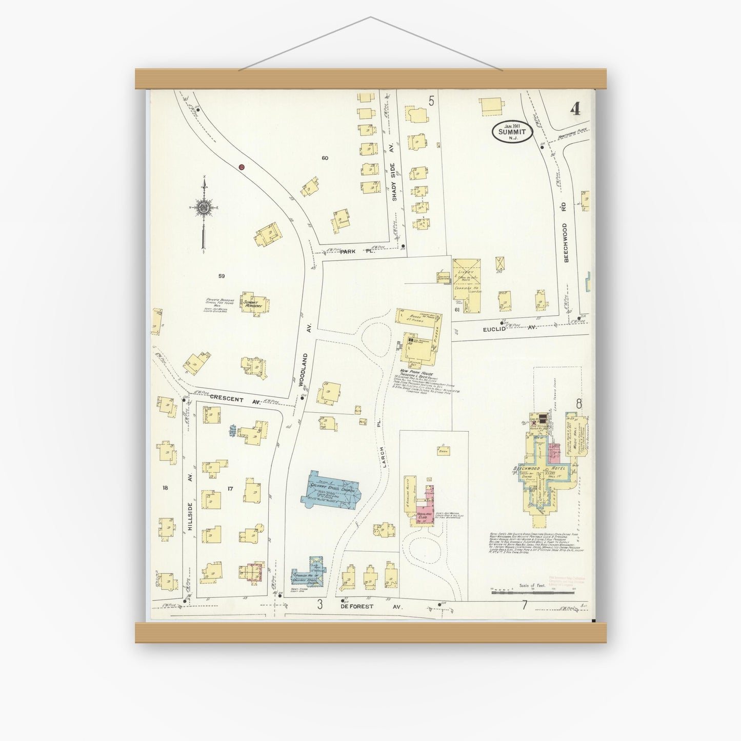 Old map wall art mockup — magnetic wood frame on white wall — Sanborn Fire Insurance Map from Summit, Union County, New Jersey (1911), Sheet #0004