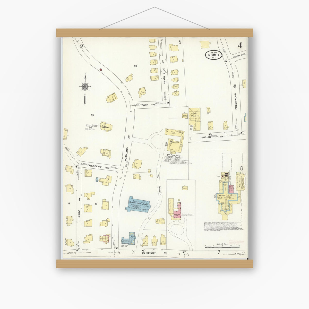 Old map wall art mockup — magnetic wood frame on white wall — Sanborn Fire Insurance Map from Summit, Union County, New Jersey (1911), Sheet #0004