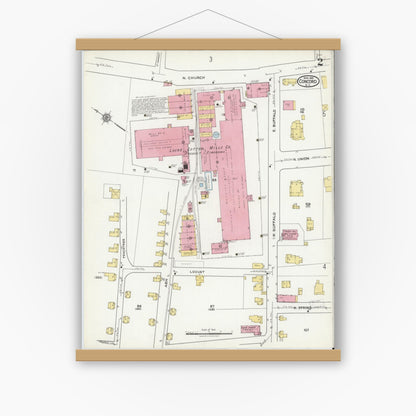 Old map wall art mockup — magnetic wood frame on white wall — Sanborn Fire Insurance Map from Concord, Cabarrus County, North Carolina (1921), Sheet #0002