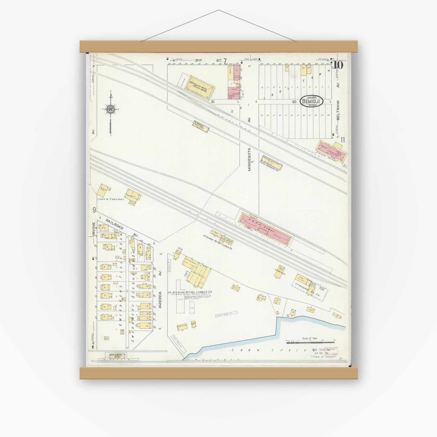 Old map wall art mockup — magnetic wood frame on white wall — Sanborn Fire Insurance Map from Bemidji, Beltrami County, Minnesota (1914), Sheet #0010