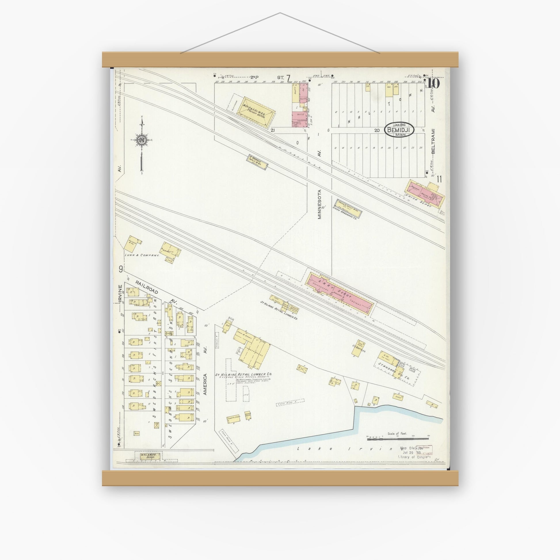 Old map wall art mockup — magnetic wood frame on white wall — Sanborn Fire Insurance Map from Bemidji, Beltrami County, Minnesota (1914), Sheet #0010