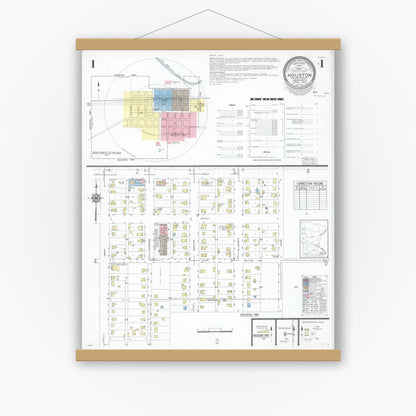 Old map wall art mockup — magnetic wood frame on white wall — Sanborn Fire Insurance Map from Houston, Houston County, Minnesota (1950) - Complete Map Set