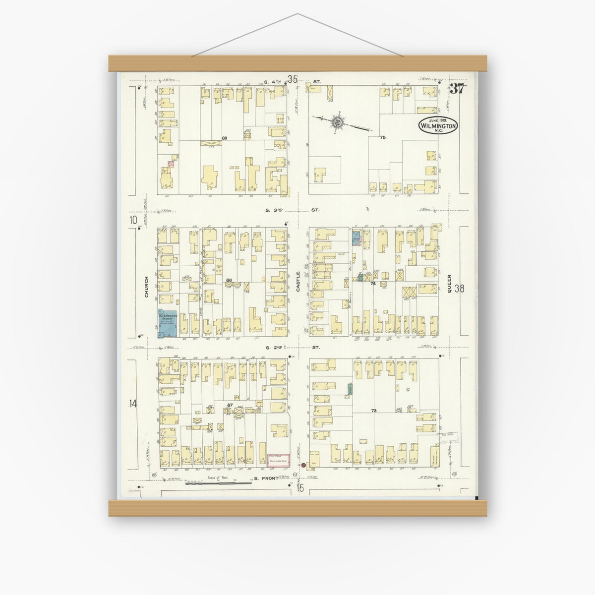 Old map wall art mockup — magnetic wood frame on white wall — Sanborn Fire Insurance Map from Wilmington, New Hanover County, North Carolina (1910), Sheet #0037