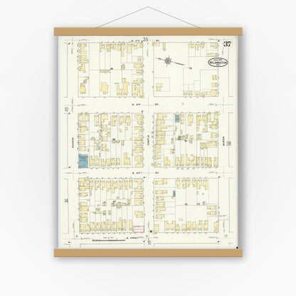 Old map wall art mockup — magnetic wood frame on white wall — Sanborn Fire Insurance Map from Wilmington, New Hanover County, North Carolina (1910), Sheet #0037